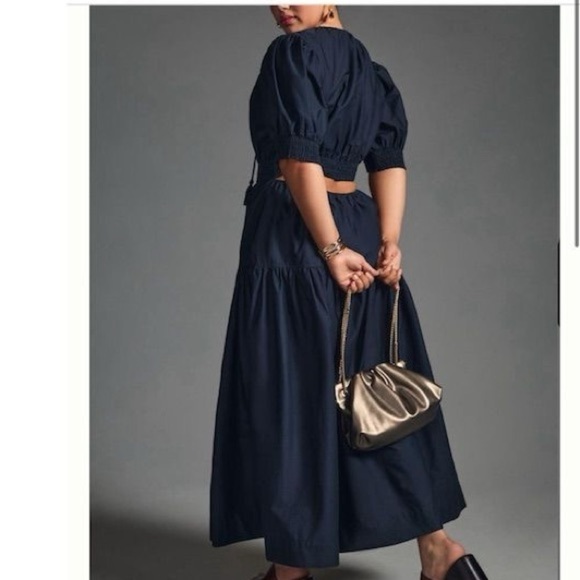 ANTHROPOLOGY MOON RIVER PUFF SLEEVE BACK CUTOUT SMOCKED WAIST MIDI DRESS SMALL - Picture 1 of 16